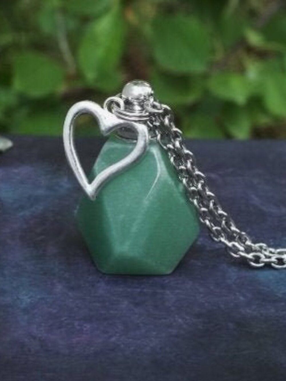 Green Aventurine Crystal Vial Perfume Necklace Keepsake Heart Charm
